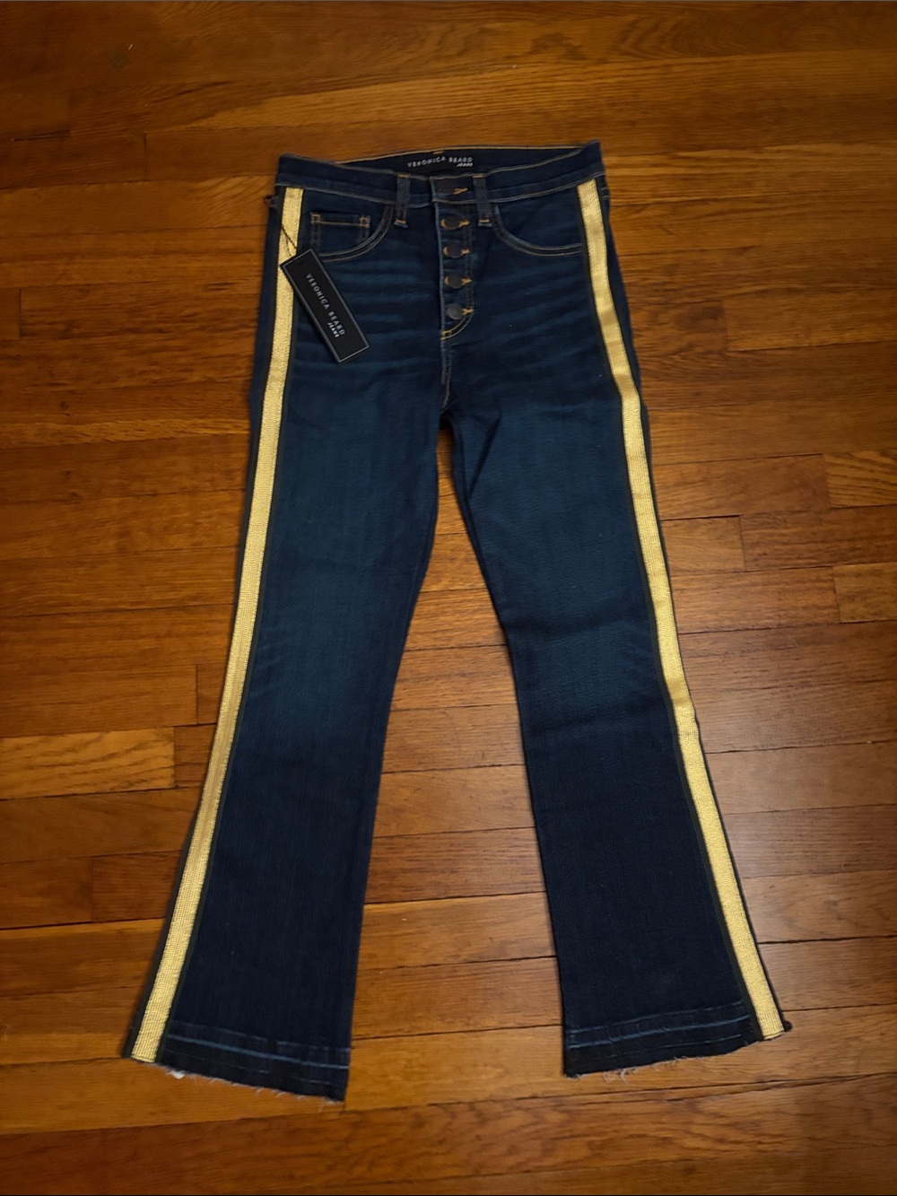 Veronica Beard Dark Blue Flare Jeans with Yellow Side Stripe